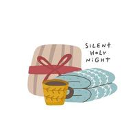 Silent holy night. Christmas card. Hand drawn illustration in cartoon style. Cute concept for xmas. Illustration for the design postcard, textiles, apparel, decor vector