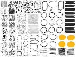 Scandinavian Hand drawn doodle design elements, black on white background. Swishes, swoops, emphasis, triangles, Lines, smears, spirals, waves, circles, crosses, brush stroke. Vector collection