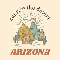 desierto de arizona con diseño gráfico de montaña para camiseta. gráfico antiguo para prendas de vestir, pegatinas, lotes, afiches y antecedentes. obras de arte vintage occidentales al aire libre. ambiente de arizona vector