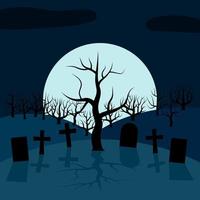 A lonely tree in the cemetery at night in front of the Moon. Vector background for Halloween