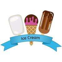 Three different ice cream wrapped in blue ribbon with the inscription ice cream. Vector illustration