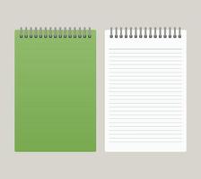 Notepad with a green cover and with a binding from above. Vector illustration