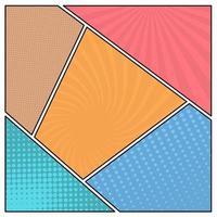 Colorful comic book page background in pop art style. Empty template with rays and dots pattern. Vector illustration