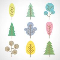 Set of nine multicolored trees on white background. Vector illustration.