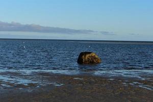 Large rock on the coast of cape cod surrounded by water photo