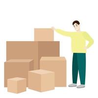 The guy stands near the many boxes, the supplier of goods, isolated on white, flat vector, cargo delivery vector