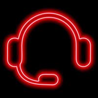 Red headphones with a microphone. Neon outline on a black background. One object. Listen to music, play and chat vector