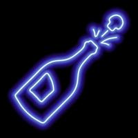 Open bottle of champagne with a flying cork. Neon blue outline on a black background. Illustration vector