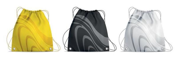 Three Realistic Drawstring Bags With Print vector