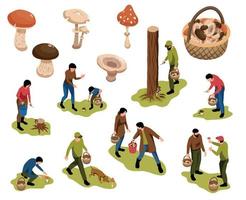 Isometric Mushroom Pickers Collection vector