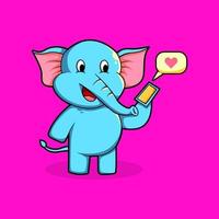 a cute elephant playing smartphone and the love icon appears vector