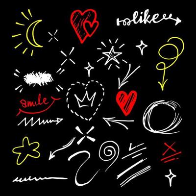 Doodle elements for concept design on set. isolated on black background. Infographic elements. Brush stroke, curly swishes, swoops, swirl, arrow, heart, crown. vector illustration.