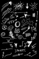Doodle elements for concept design on set. isolated on black background. Infographic elements. Brush stroke, curly swishes, swoops, swirl, arrow, heart, crown. vector illustration.