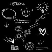 Doodle elements for concept design on set. isolated on black background. Infographic elements. Brush stroke, curly swishes, swoops, swirl, arrow, heart, crown. vector illustration.