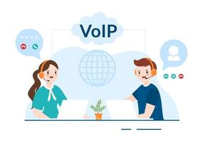 VOIP or Voice Over Internet Protocol with Telephony Scheme Technology and Network Phone Call Software in Template Hand Drawn Cartoon Flat Illustration vector