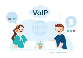 VOIP or Voice Over Internet Protocol with Telephony Scheme Technology and Network Phone Call Software in Template Hand Drawn Cartoon Flat Illustration vector