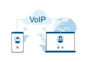 VOIP or Voice Over Internet Protocol with Telephony Scheme Technology and Network Phone Call Software in Template Hand Drawn Cartoon Flat Illustration vector