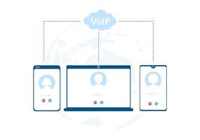 voip o protocolo de voz sobre internet con tecnología de esquema de telefonía y software de llamadas telefónicas de red en plantilla ilustración plana de dibujos animados dibujados a mano vector