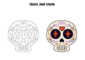 Trace and color cute hand drawn skull. Worksheet for children. vector