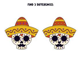 encuentra tres diferencias entre dos calaveras en sombreros. vector