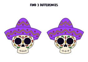 encuentra tres diferencias entre dos calaveras en sombreros. vector