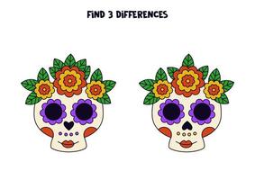 encuentra tres diferencias entre dos calaveras con flores. vector