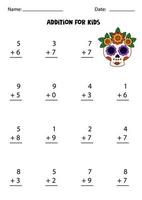 Addition for kids with hand drawn Dia de los Muertos skull. vector