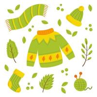 Green warm clothes for autumn. Vector illustration.