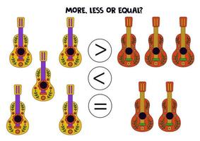 más, menos, igual con guitarras mexicanas dibujadas a mano. vector