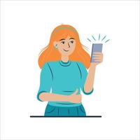 Girl reading positive news on smartphone. Vector isolated woman with cell phone. Notification and surprise, winner and work opportunities. Flat cartoon character