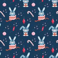 Seamless pattern with Christmas cute rabbits set. Winter hare symbol of 2023 year. vector