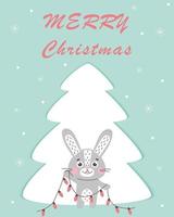 Merry Christmas and Happy New Year card with cute rabbits Hare symbol of 2023 year. vector