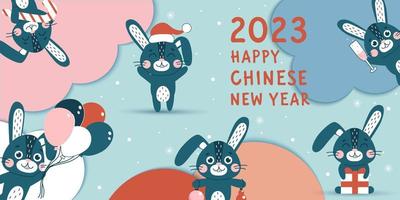 Happy Chinese New Year. The year of the rabbit . Banner with cute rabbits. Winter hare symbol of 2023 year. vector