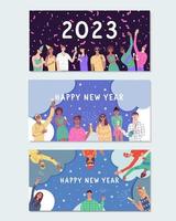 Happy New Year banner. People celebrating winter season holidays. Group of joyful, happy young men and woman. enjoying at party. vector