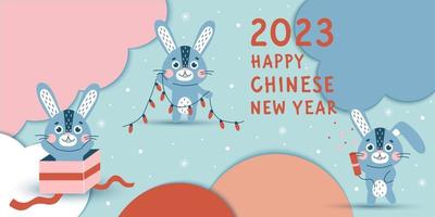 Happy Chinese New Year. The year of the rabbit . Banner with cute rabbits. Winter hare symbol of 2023 year. vector