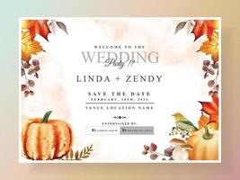 autumn wedding invitation card with pumpkin and mushroom and bird and leaves watercolor vector