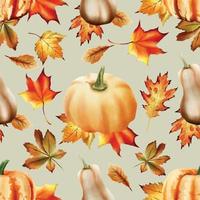 autumn seamless pattern with pumpkin and mushroom and bird and leaves watercolor vector