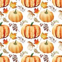 autumn seamless pattern with pumpkin and mushroom and bird and leaves watercolor vector