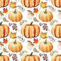 autumn seamless pattern with pumpkin and mushroom and bird and leaves watercolor vector