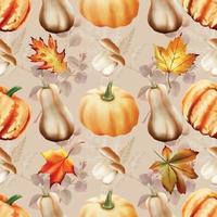 autumn seamless pattern with pumpkin and mushroom and bird and leaves watercolor vector