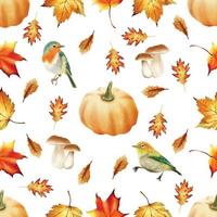 autumn seamless pattern with pumpkin and mushroom and bird and leaves watercolor