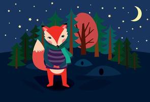 The red chanterelle in the sweater stands in the night forest. Fox in vector illustration