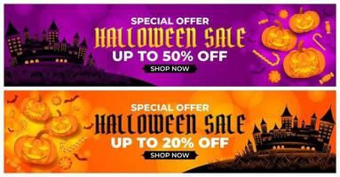 promoción de venta de halloween con jack o linterna, vector de castillo y caramelo, feliz fondo de halloween para promoción comercial minorista, pancarta, afiche, medios sociales, alimentación, invitación