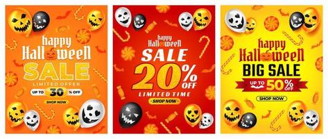 promoción de venta de halloween con globos aterradores y vectores de caramelos, feliz fondo de halloween para la promoción comercial al por menor, pancarta, afiche, medios sociales, alimentación, invitación