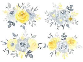 conjunto de acuarela de arreglos florales de rosas amarillas y grises vector