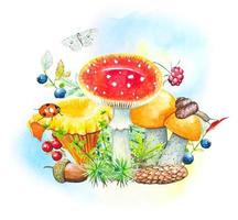 Forest composition with mushrooms, herbs, berries. vector