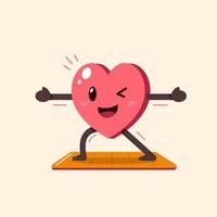 personaje de corazón de dibujos animados haciendo ejercicio en estera de yoga vector