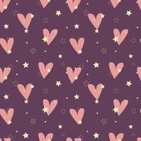 Pattern Love and Passion. Shiny gold stars and pink hearts on violet background. Valentines Day background. vector