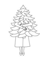 Woman holding Christmas tree vector coloring page