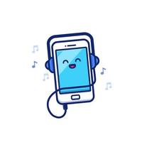 Cute Mobile Phone Listening Music With Headphone Cartoon Vector Icon Illustration. Music And Technology Icon Concept Isolated Premium Vector. Flat Cartoon Style